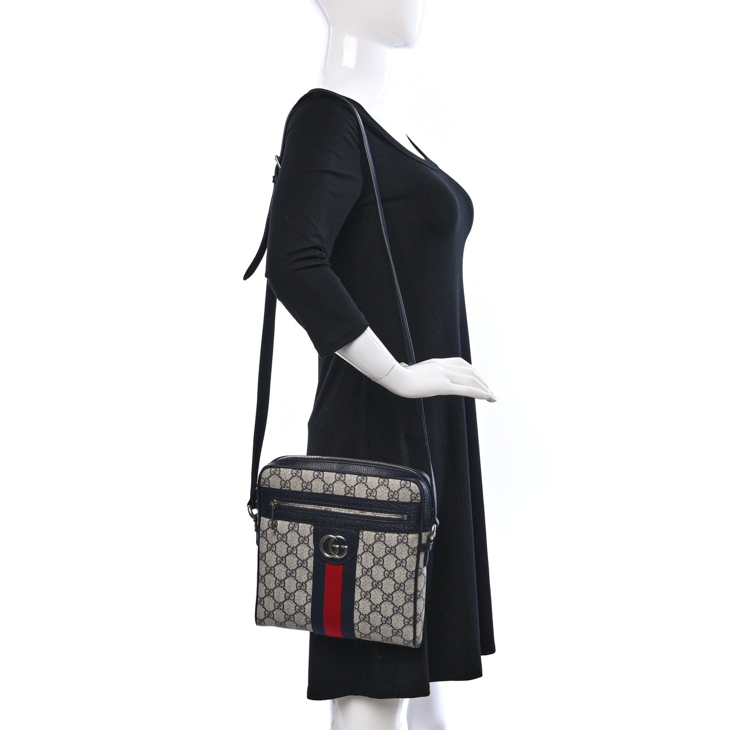 GG Supreme Monogram Textured Dollar Calfskin Web Small Ophidia Messenger Bag Beige Blue