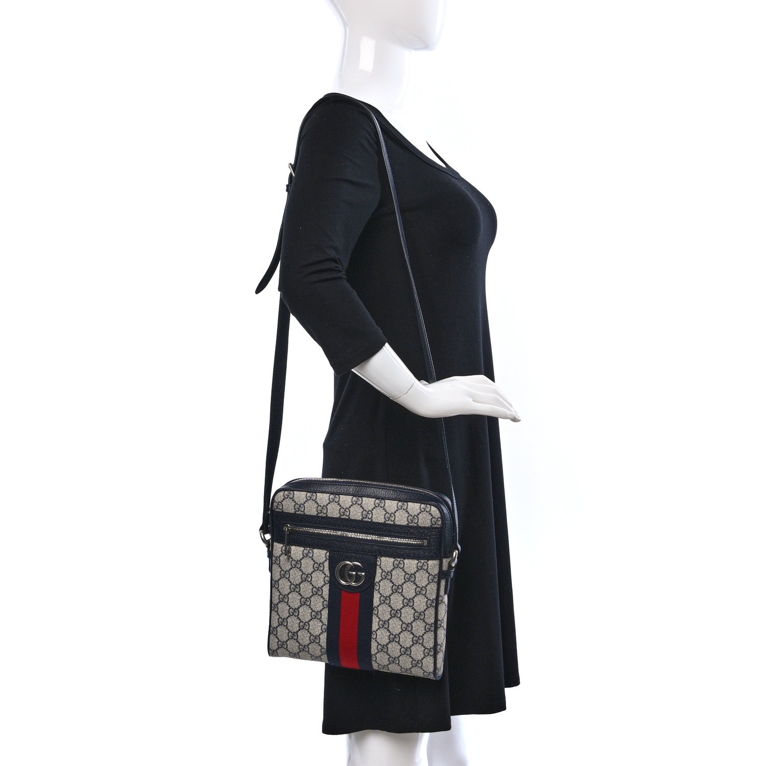 Gucci GG Supreme Monogram Textured Dollar Calfskin Web Small Ophidia Messenger Bag Beige Blue 2 of 8