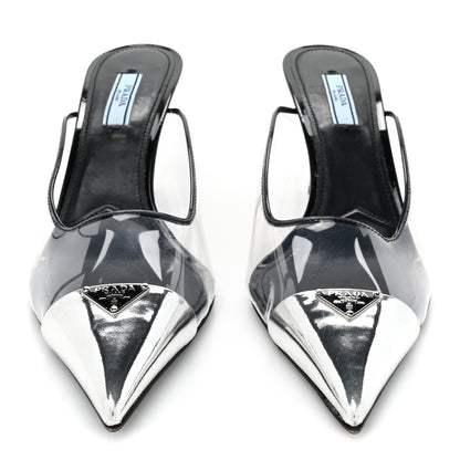 Prada Plexiglass Vernice Metal Triangle Logo Modellerie 75mm Mules 38 Black 2 of 9