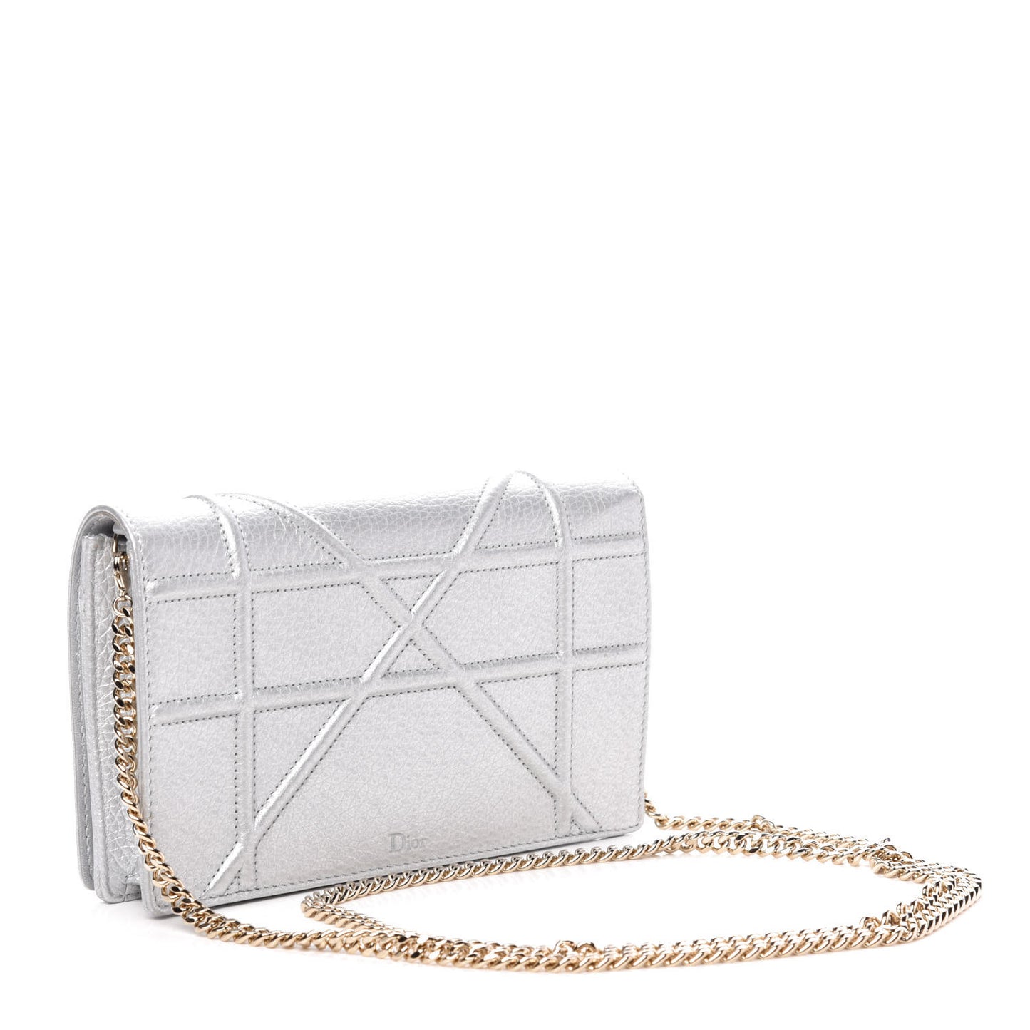Metallic Grained Calfskin Diorama Wallet on Chain Pouch Silver