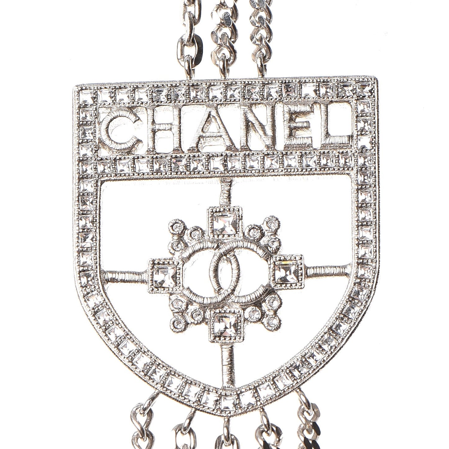 Baguette Crystal CC Shield Multi Strand Long Chain Necklace Silver