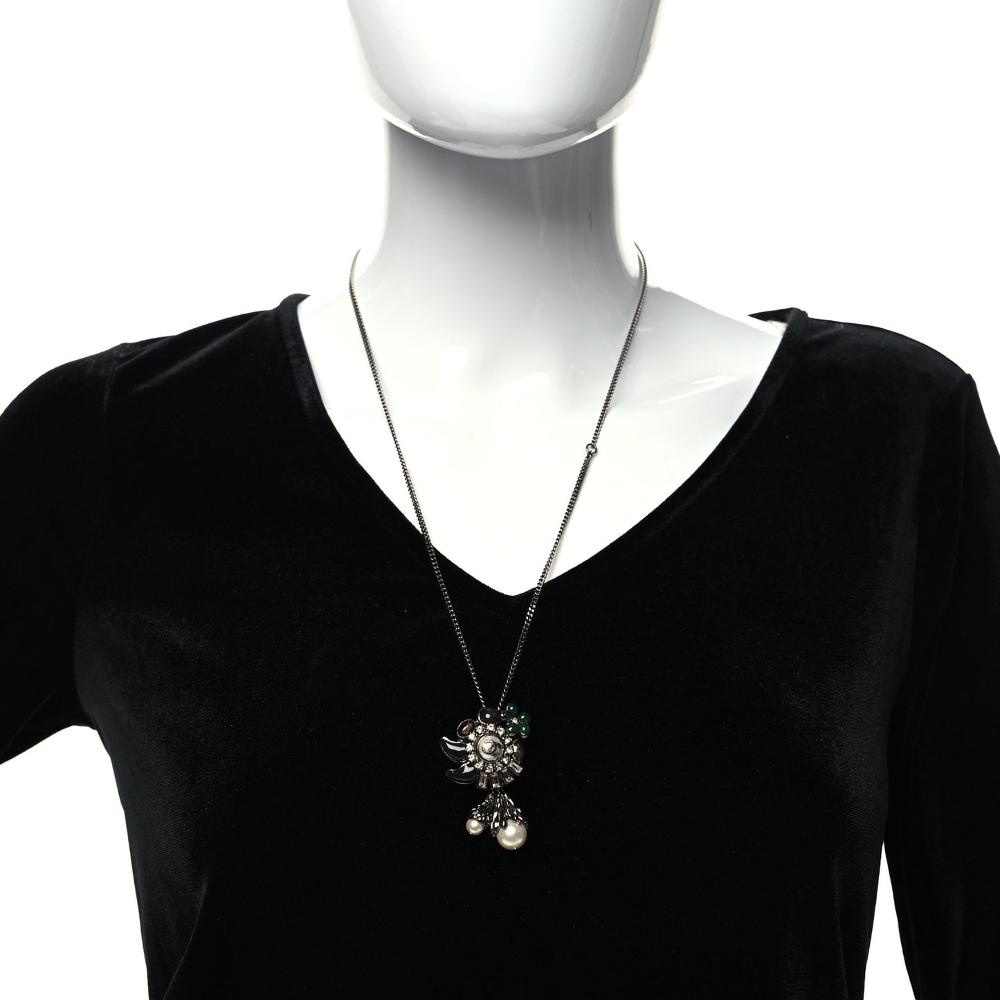 Gripoix Poured Glass Baguette Crystal Pearl CC Pendant Necklace Silver Black Green