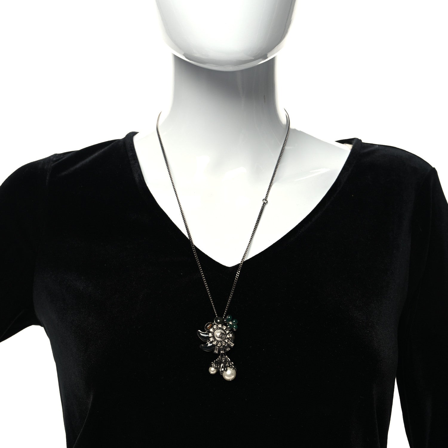 Chanel Gripoix Poured Glass Baguette Crystal Pearl CC Pendant Necklace Silver Black Green 2 of 5