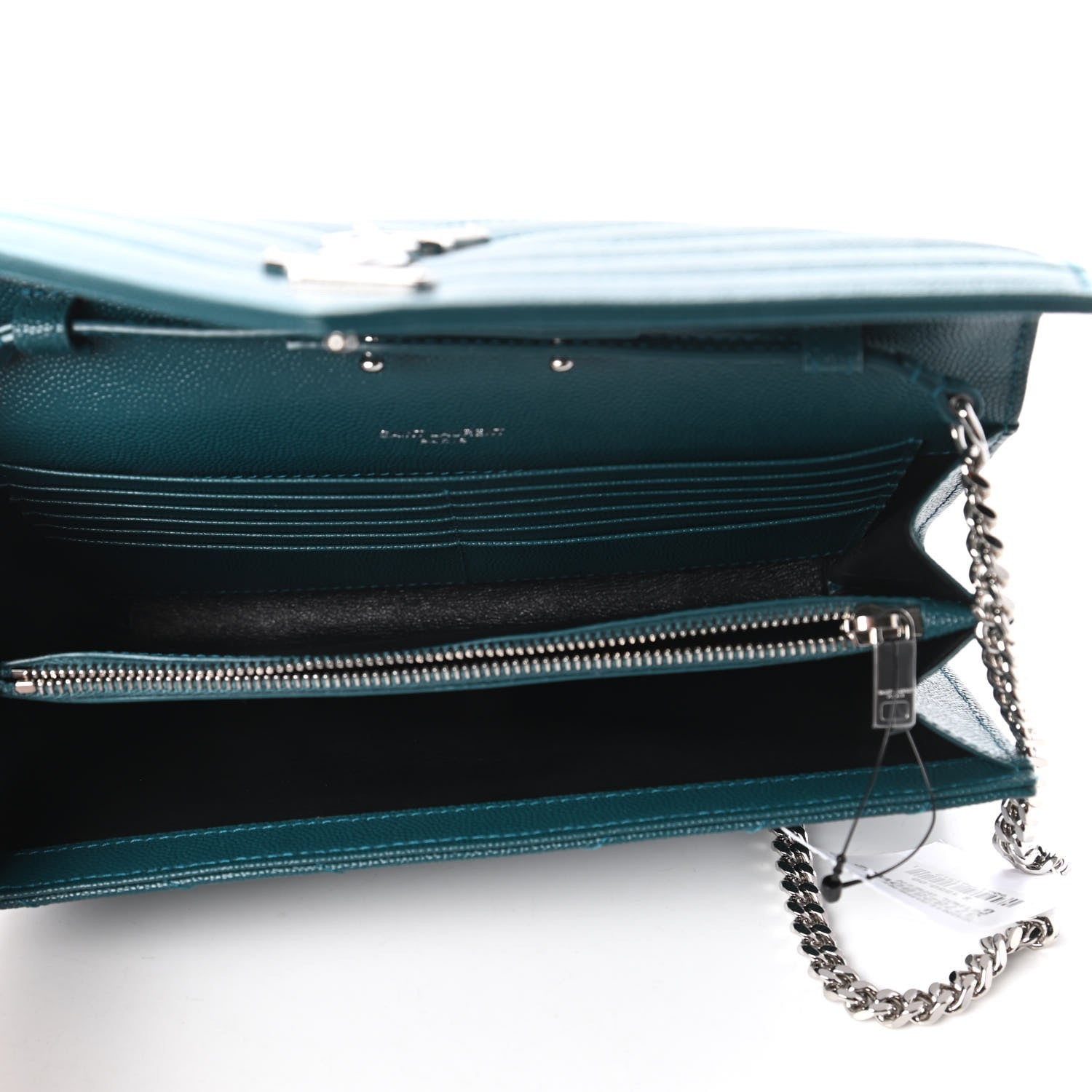 Saint Laurent Grain De Poudre Matelasse Chevron Monogram Chain Wallet Petrol Green 5 of 11