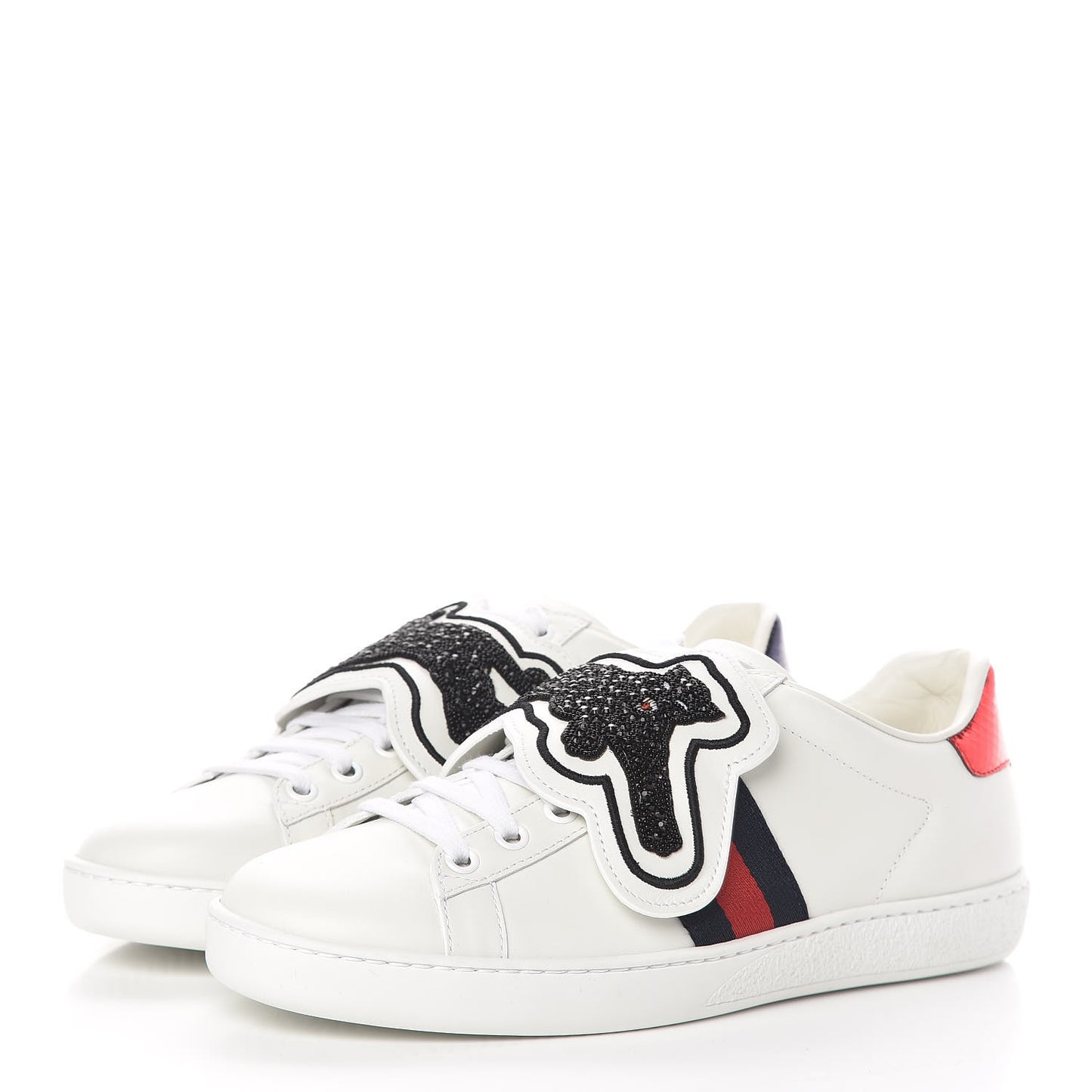 Calfskin Ayers Crystal Panther Embroidered Womens Ace Sneakers 37 White