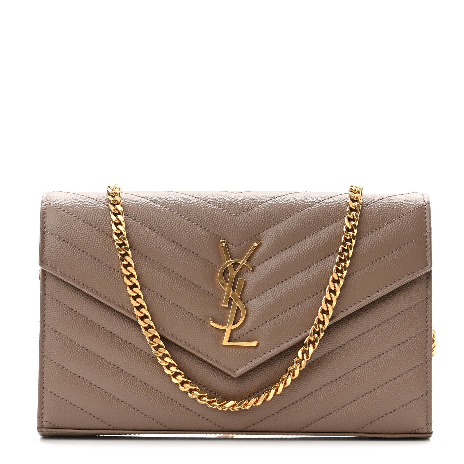 Saint Laurent Grain De Poudre Matelasse Chevron Monogram Chain Wallet Taupe 1 of 9
