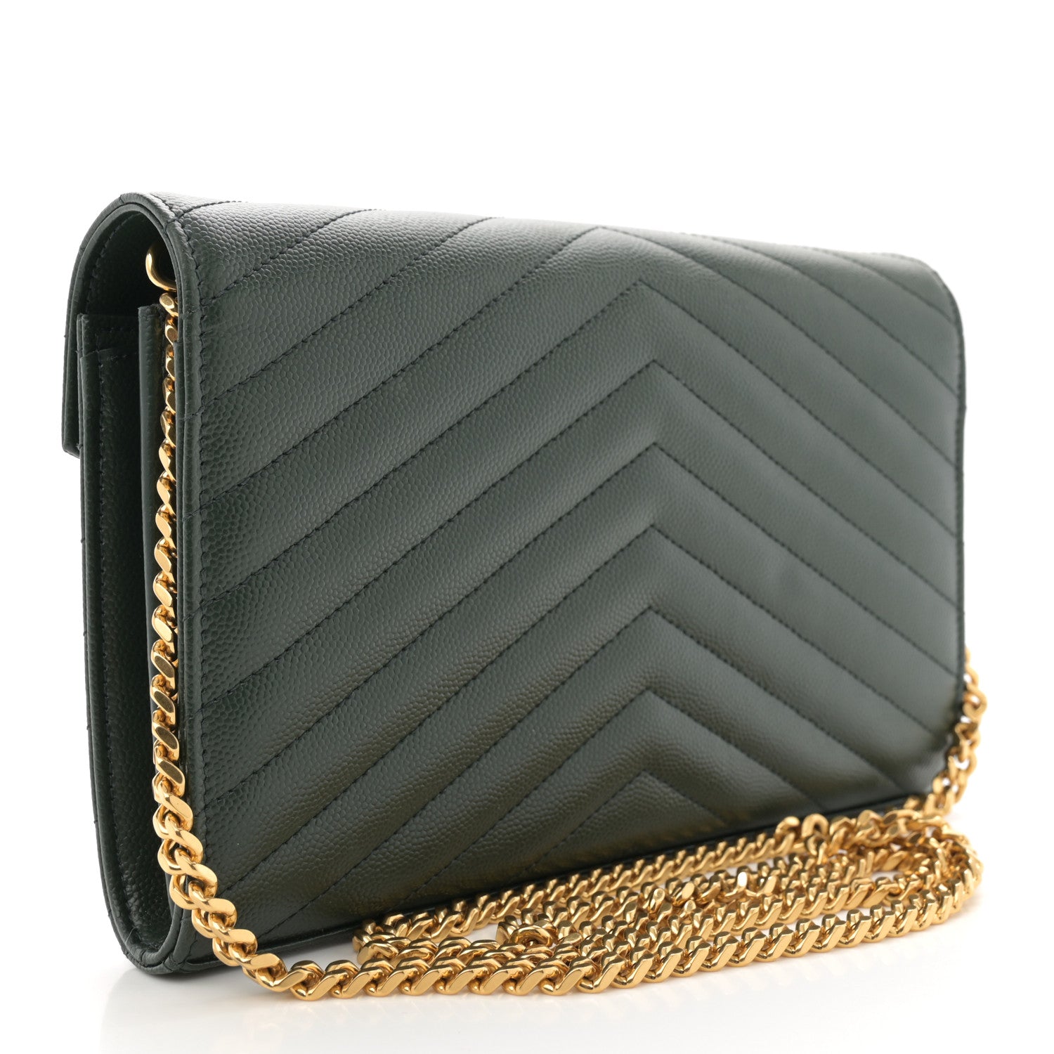 Saint Laurent Grain De Poudre Matelasse Chevron Monogram Chain Wallet Dark Green 3 of 14