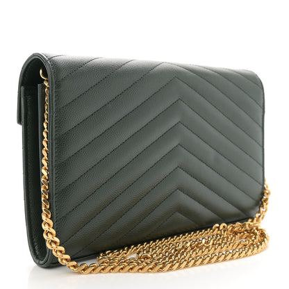 Saint Laurent Grain De Poudre Matelasse Chevron Monogram Chain Wallet Dark Green 3 of 14