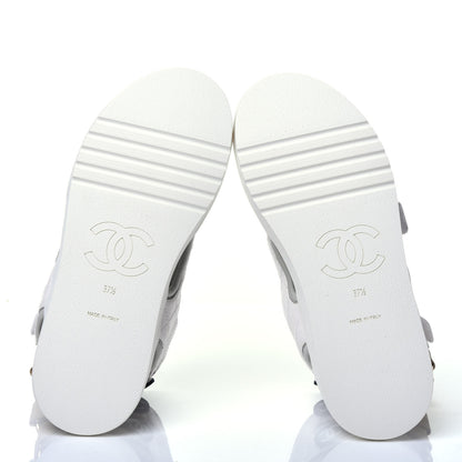 Chanel Goatskin Fabric Gladiator Sandals 37.5 White Light Grey Navy Blue 5 of 8