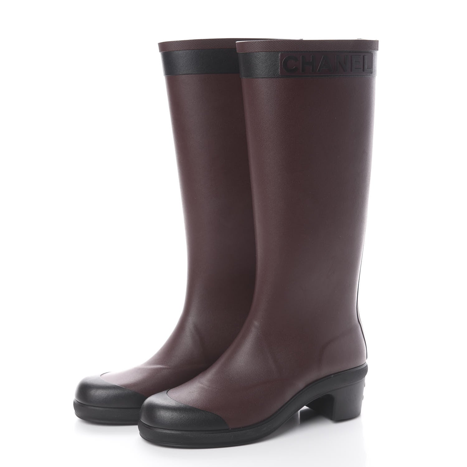 Chanel Rubber Logo Rain Boots 41 Burgundy Black 2 of 6