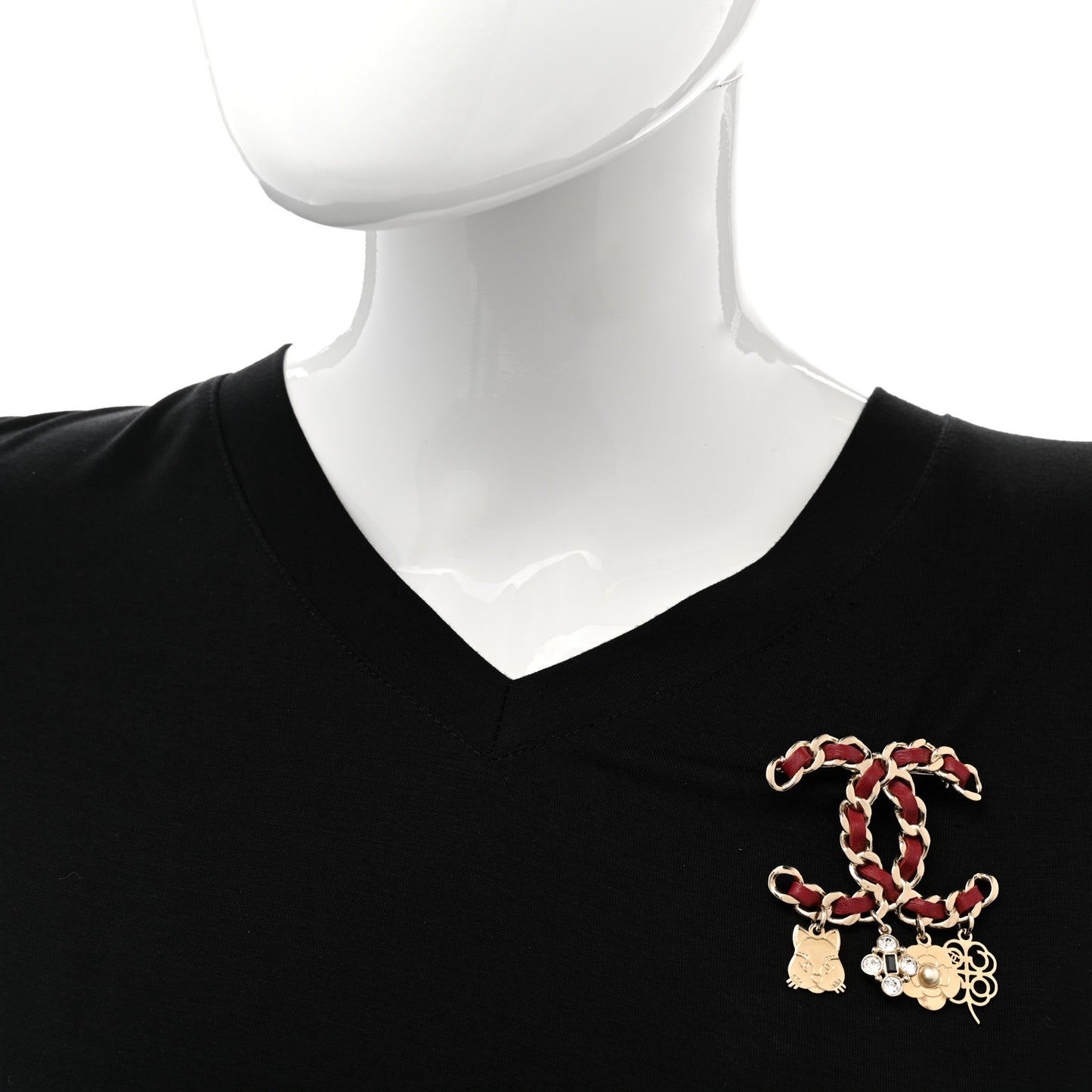 Lambskin Crystal Chain CC Charms Brooch Burgundy Gold