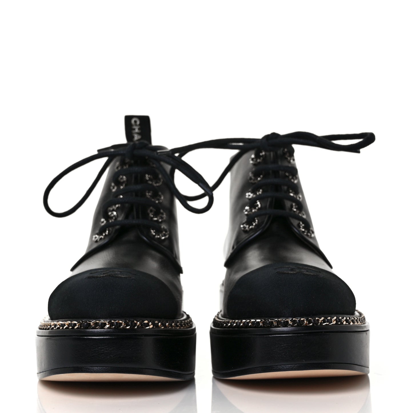 Calfskin Grosgrain Chain Lace Up CC Short Boots 37 Black