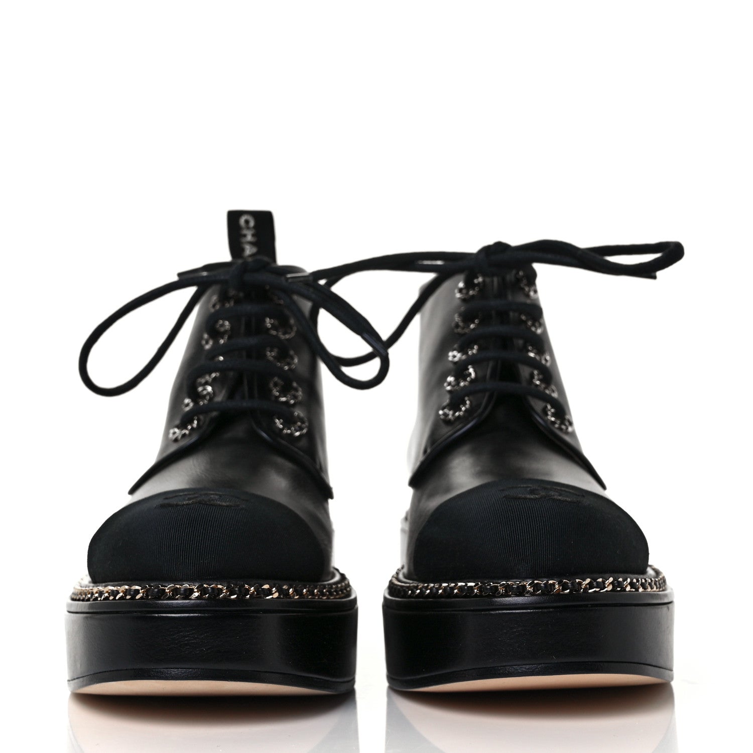 Chanel Calfskin Grosgrain Chain Lace Up CC Short Boots 37 Black 2 of 7