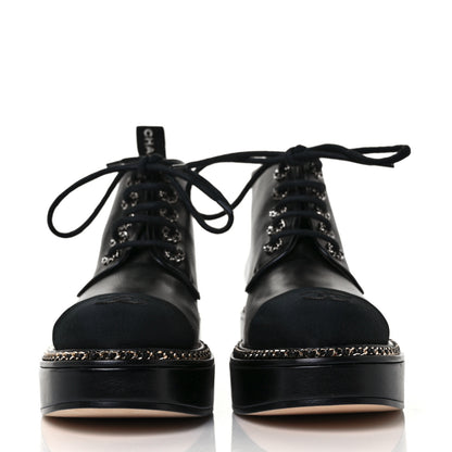 Chanel Calfskin Grosgrain Chain Lace Up CC Short Boots 37 Black 2 of 7