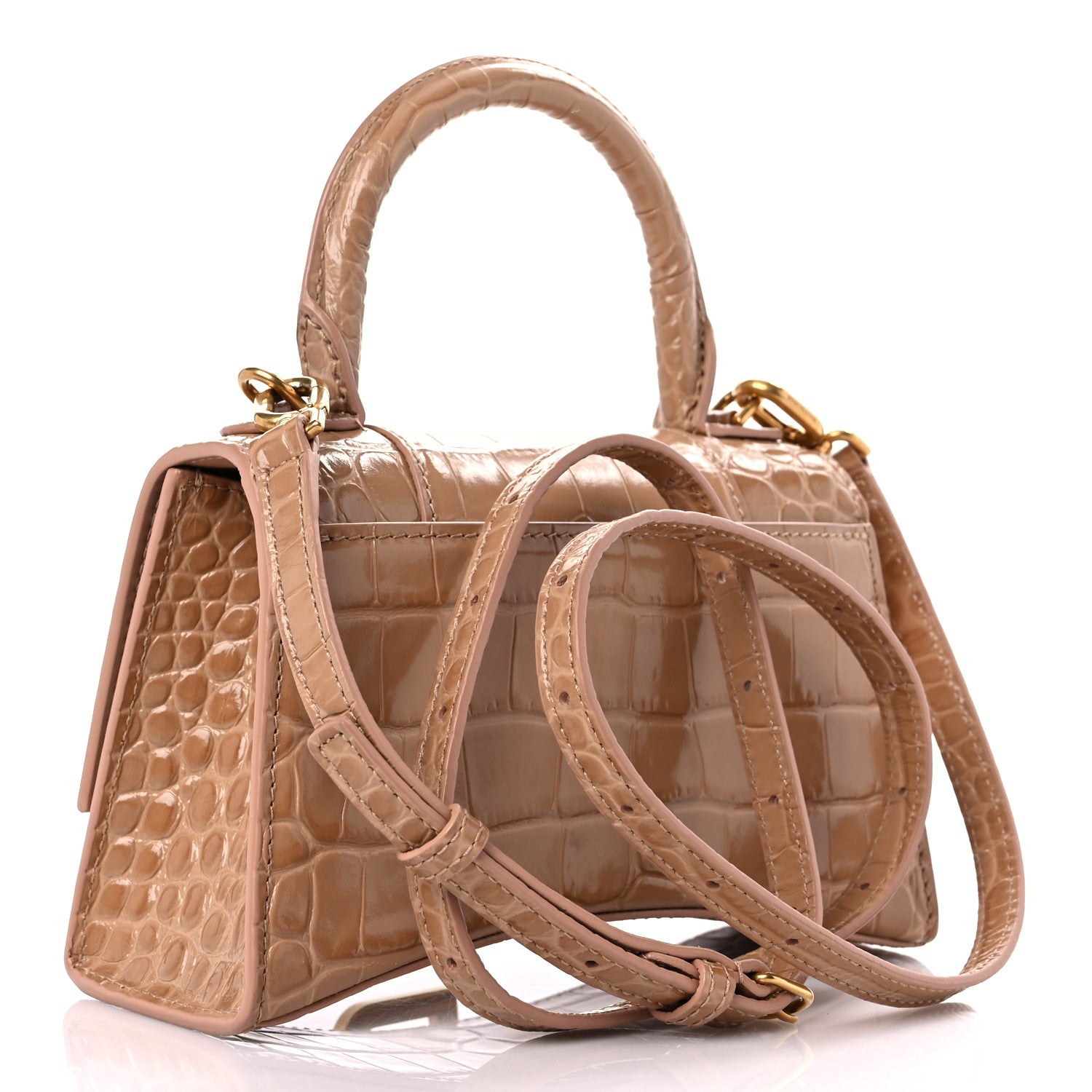 Balenciaga Shiny Calfskin Crocodile Embossed Hourglass Top Handle Bag XS Nude Beige 3 of 15