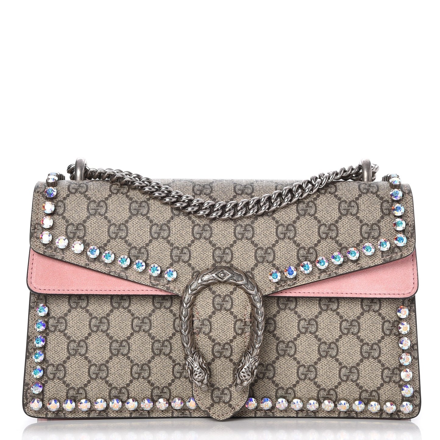 GG Supreme Monogram Suede Crystal Small Dionysus Shoulder Bag Beige Ebony Light Peonia
