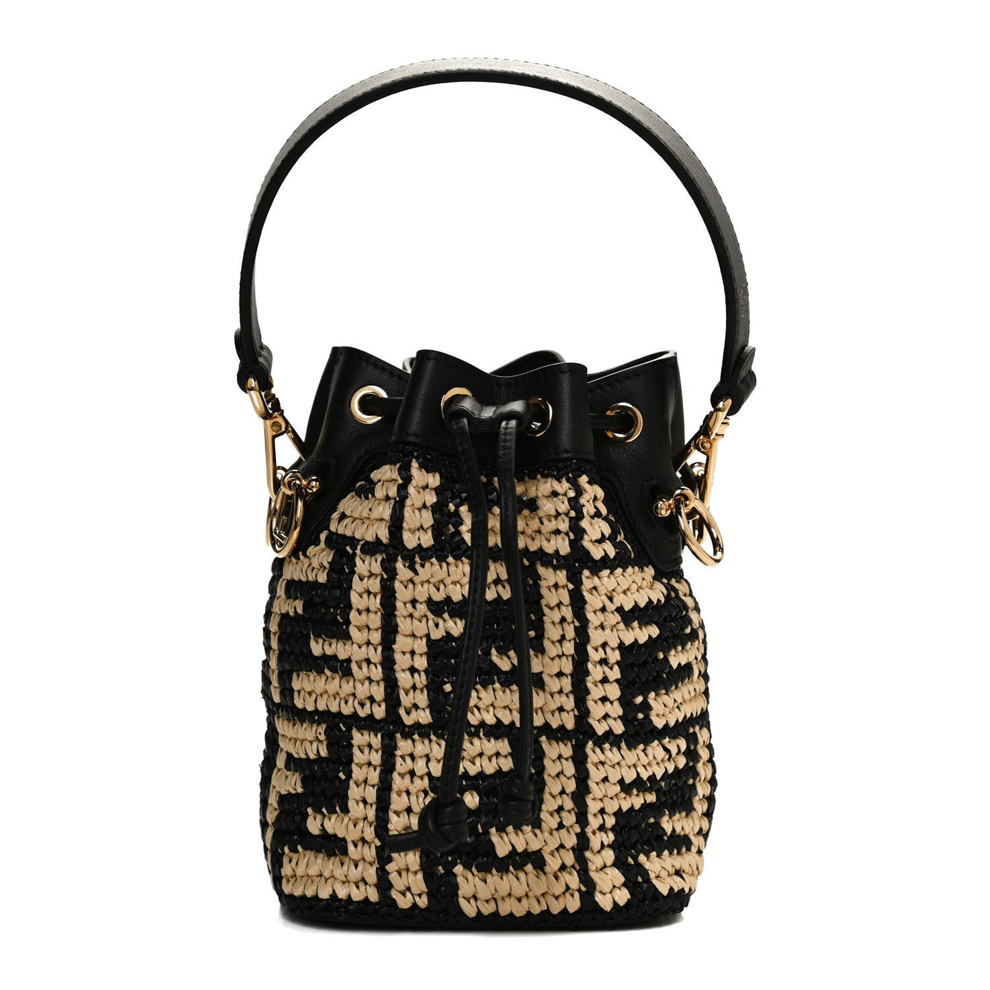Raffia Vitello Seta F is Fendi FF Woven Mini Mon Tresor Bucket Bag Black Natural