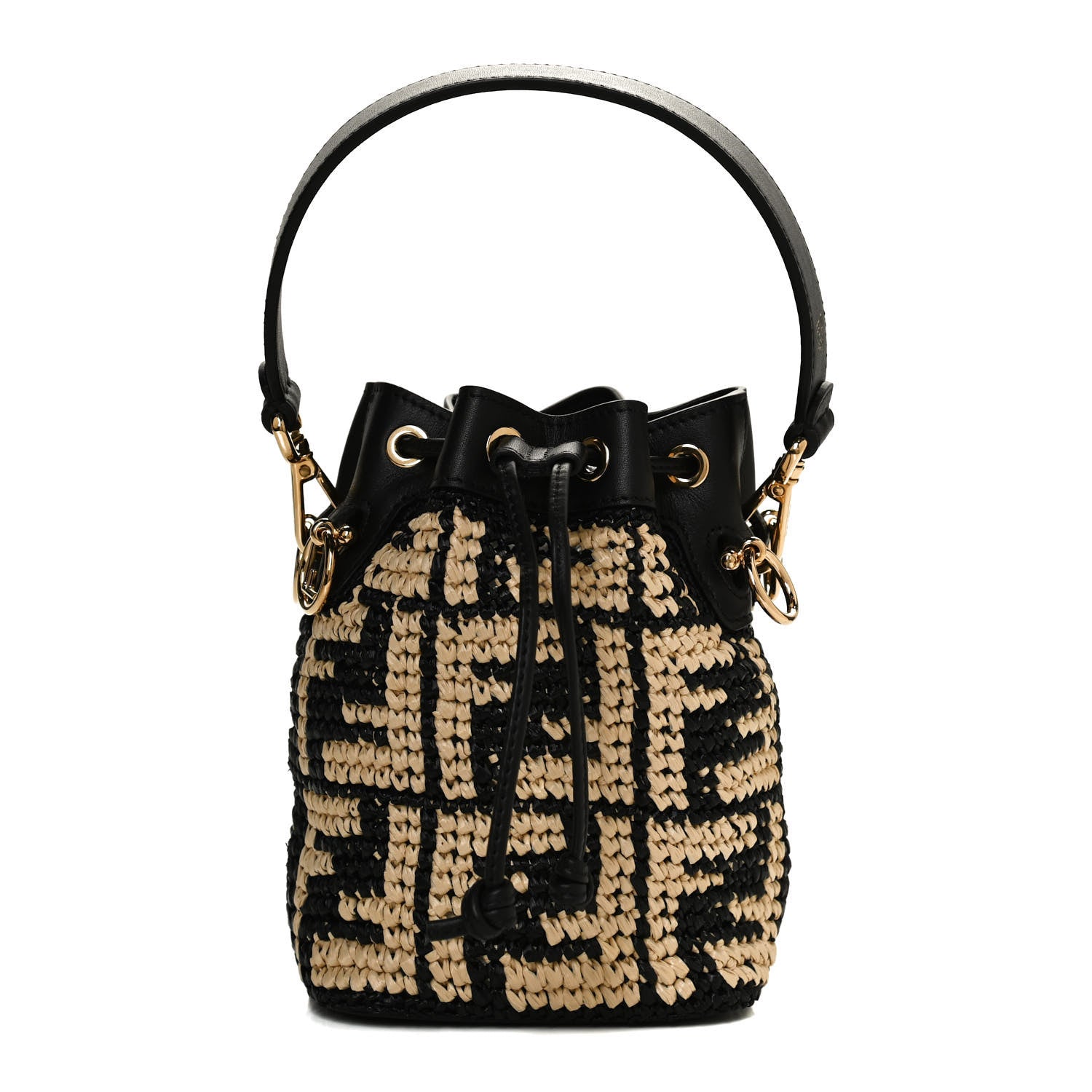Fendi Raffia Vitello Seta F is Fendi FF Woven Mini Mon Tresor Bucket Bag Black Natural 1 of 12