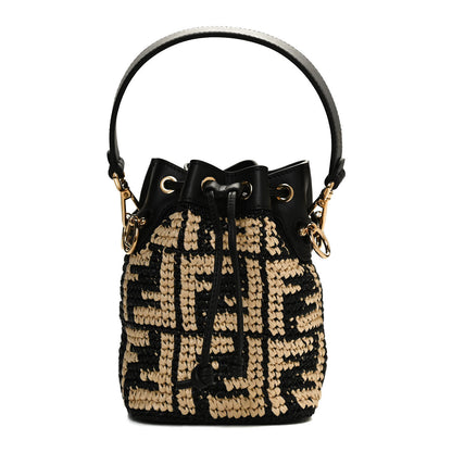 Fendi Raffia Vitello Seta F is Fendi FF Woven Mini Mon Tresor Bucket Bag Black Natural 1 of 12