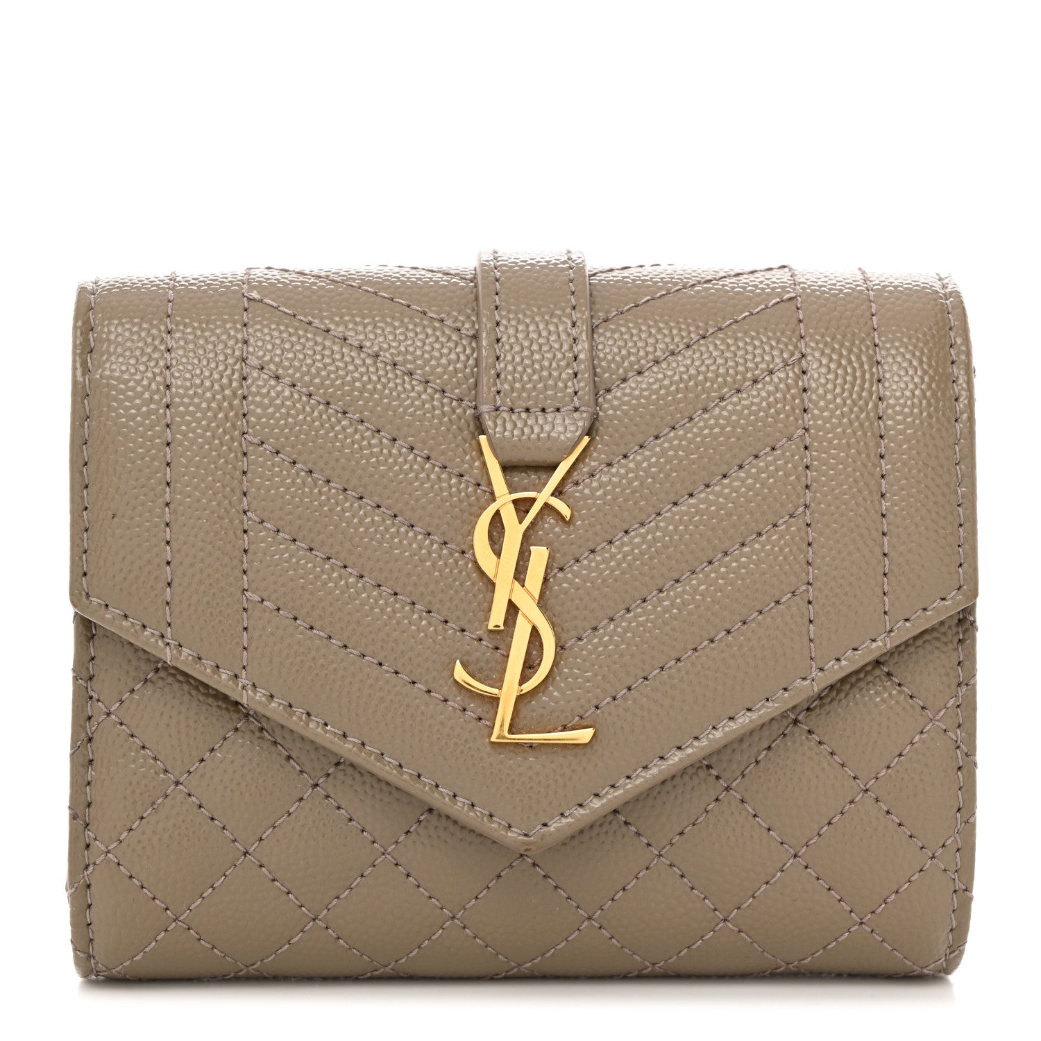 Saint Laurent Grain De Poudre Mixed Matelasse Triquilt Monogram Compact Tri Fold Wallet Greyish Brown 1 of 8