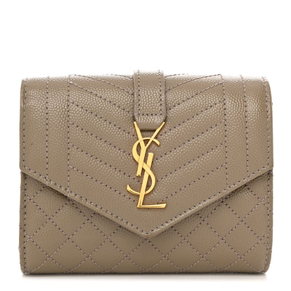 Saint Laurent Grain De Poudre Mixed Matelasse Triquilt Monogram Compact Tri Fold Wallet Greyish Brown 1 of 8