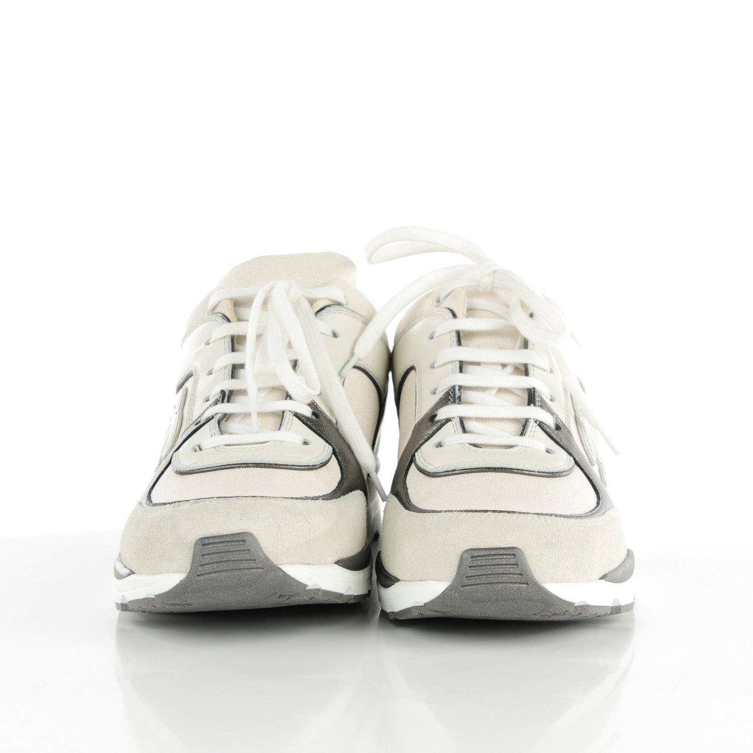 Chanel Suede Calfskin Canvas Goatskin CC Sneakers 38 White Gray 2 of 9