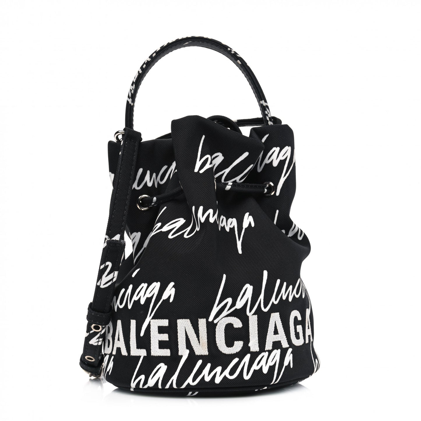 Recycled Sport Nylon Scribble Logo Embroidered Wheel Drawstring Bucket Bag XS Black White