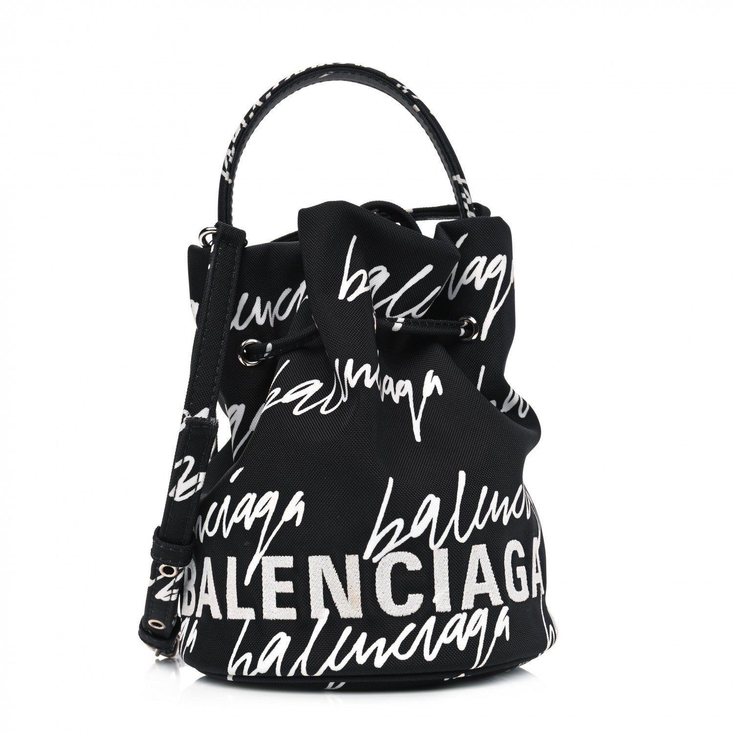 Balenciaga Recycled Sport Nylon Scribble Logo Embroidered Wheel Drawstring Bucket Bag XS Black White 1 of 4