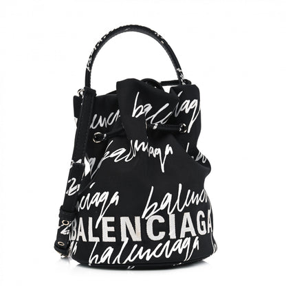 Balenciaga Recycled Sport Nylon Scribble Logo Embroidered Wheel Drawstring Bucket Bag XS Black White 1 of 4