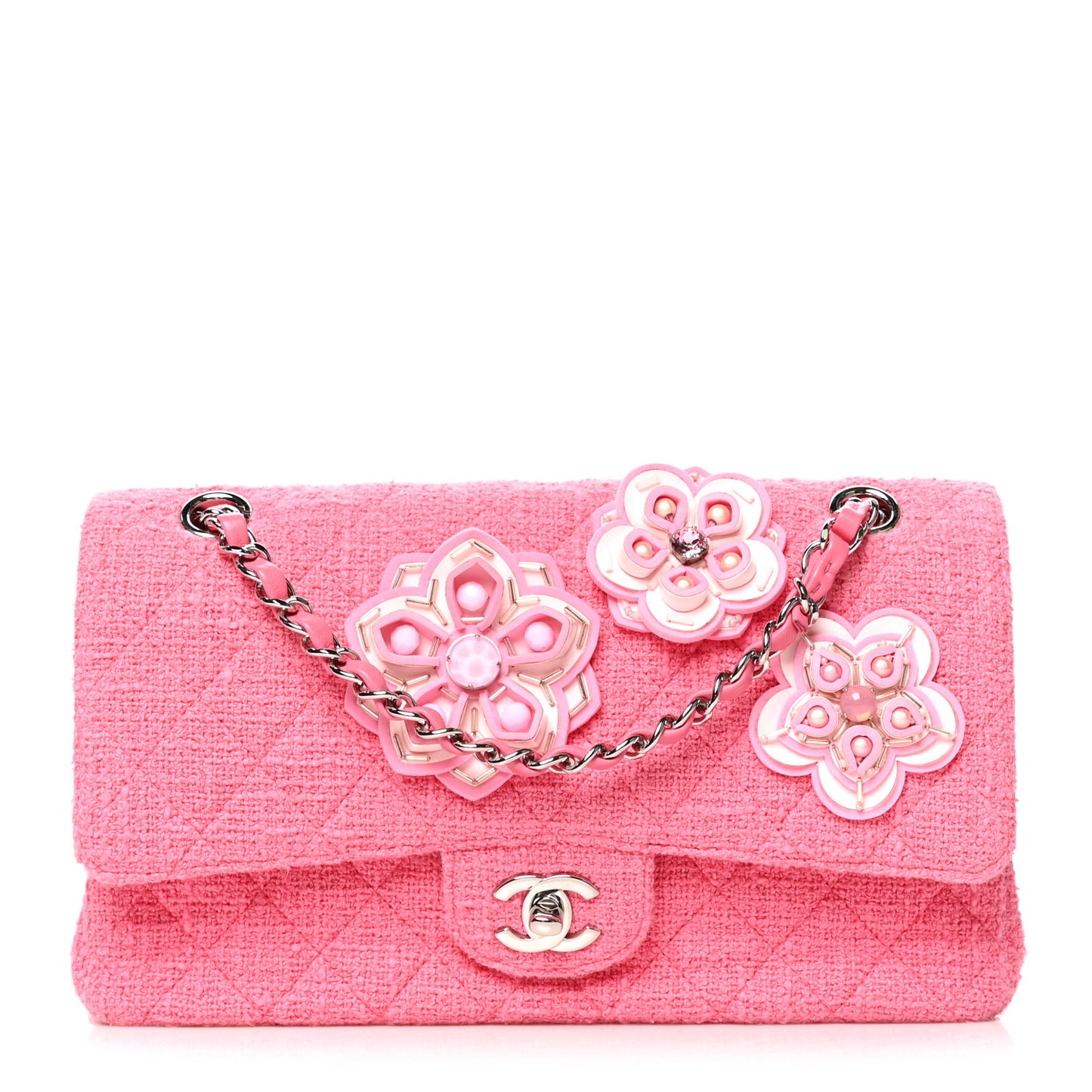 Tweed Crystal Bead Flower Embellished Quilted Medium Double Flap Pink
