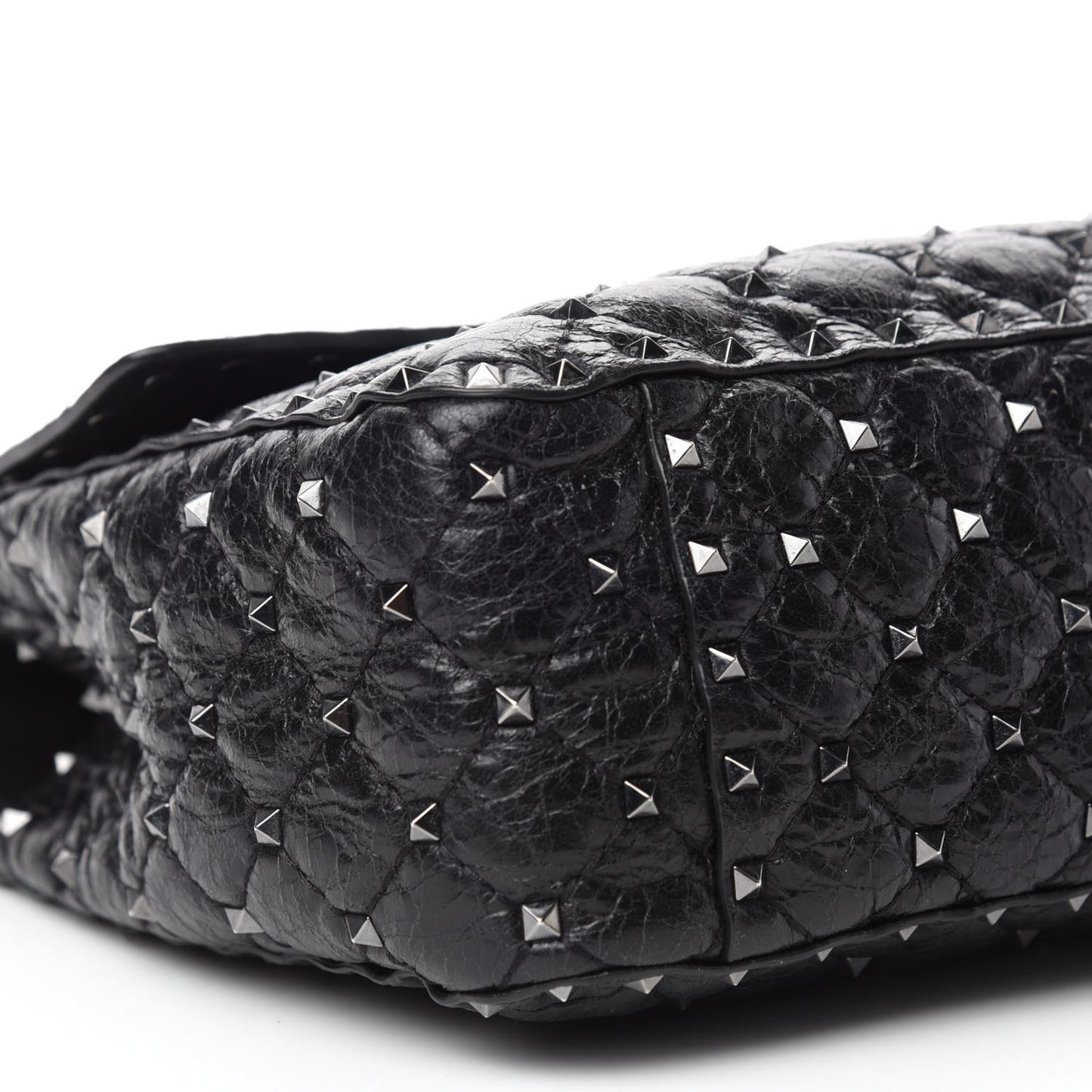 Craquele Nappa Large Rockstud Spike Shoulder Bag Black