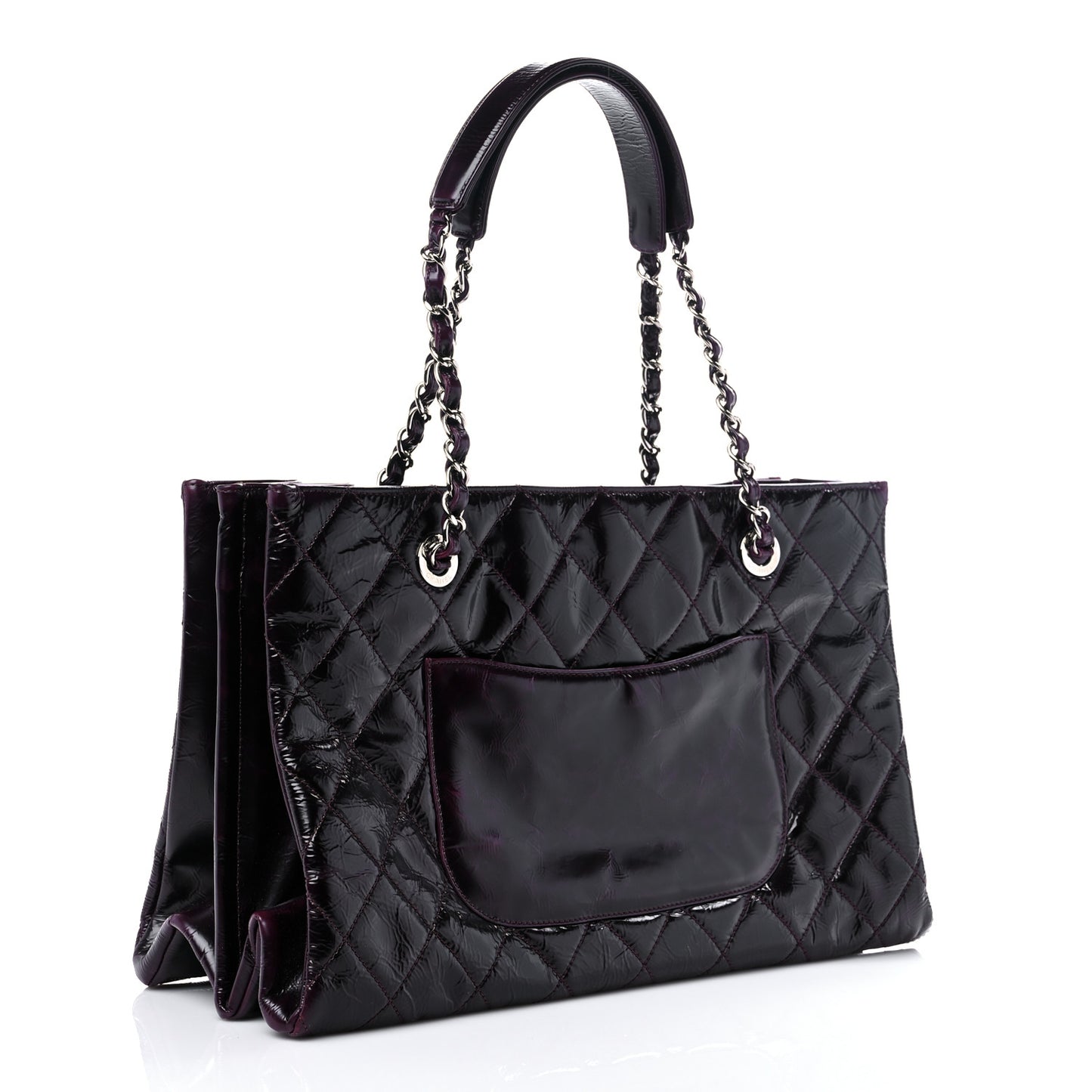 Distressed Patent Quilted Shopping Tote Purple