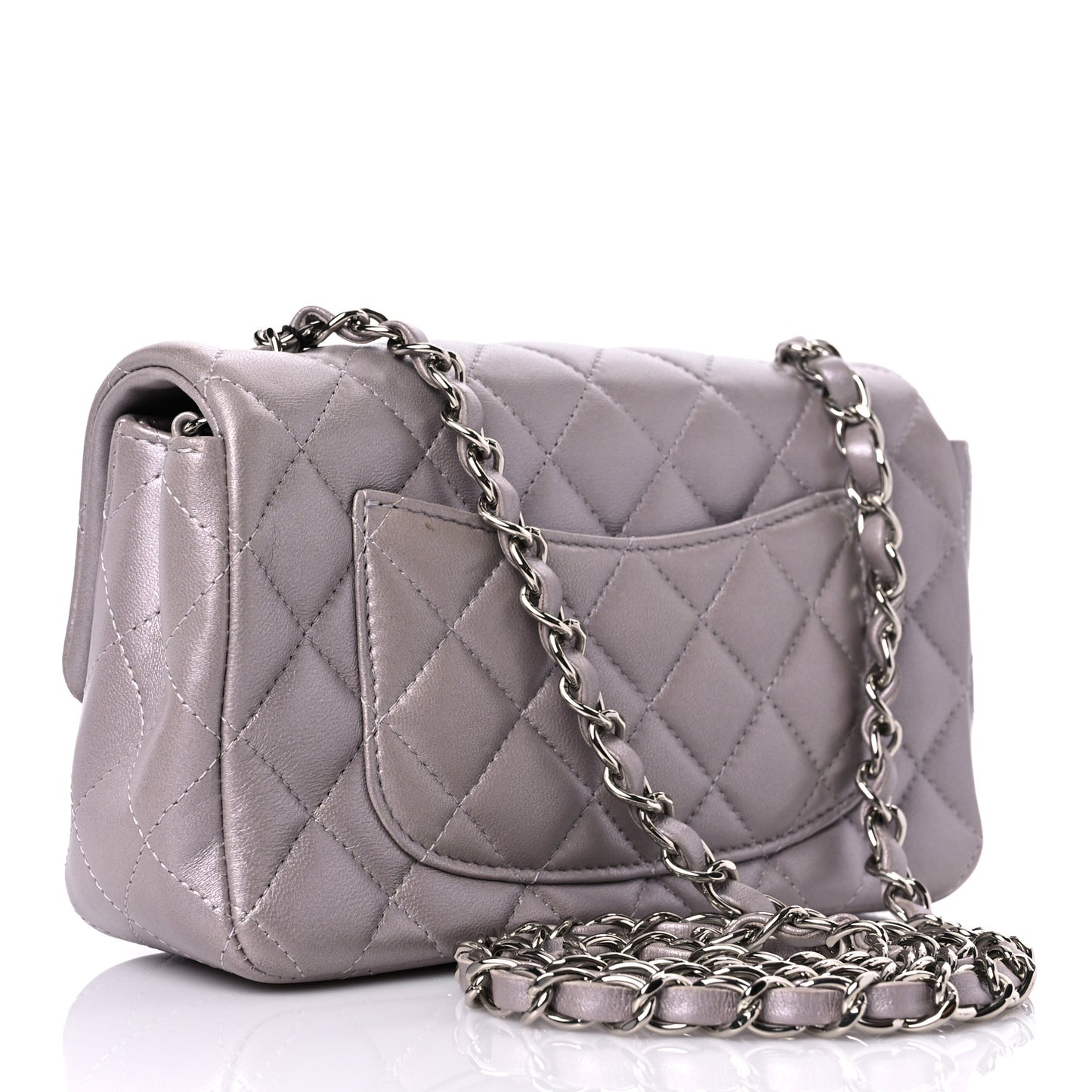 Metallic Lambskin Quilted Mini Rectangular Flap Light Silver