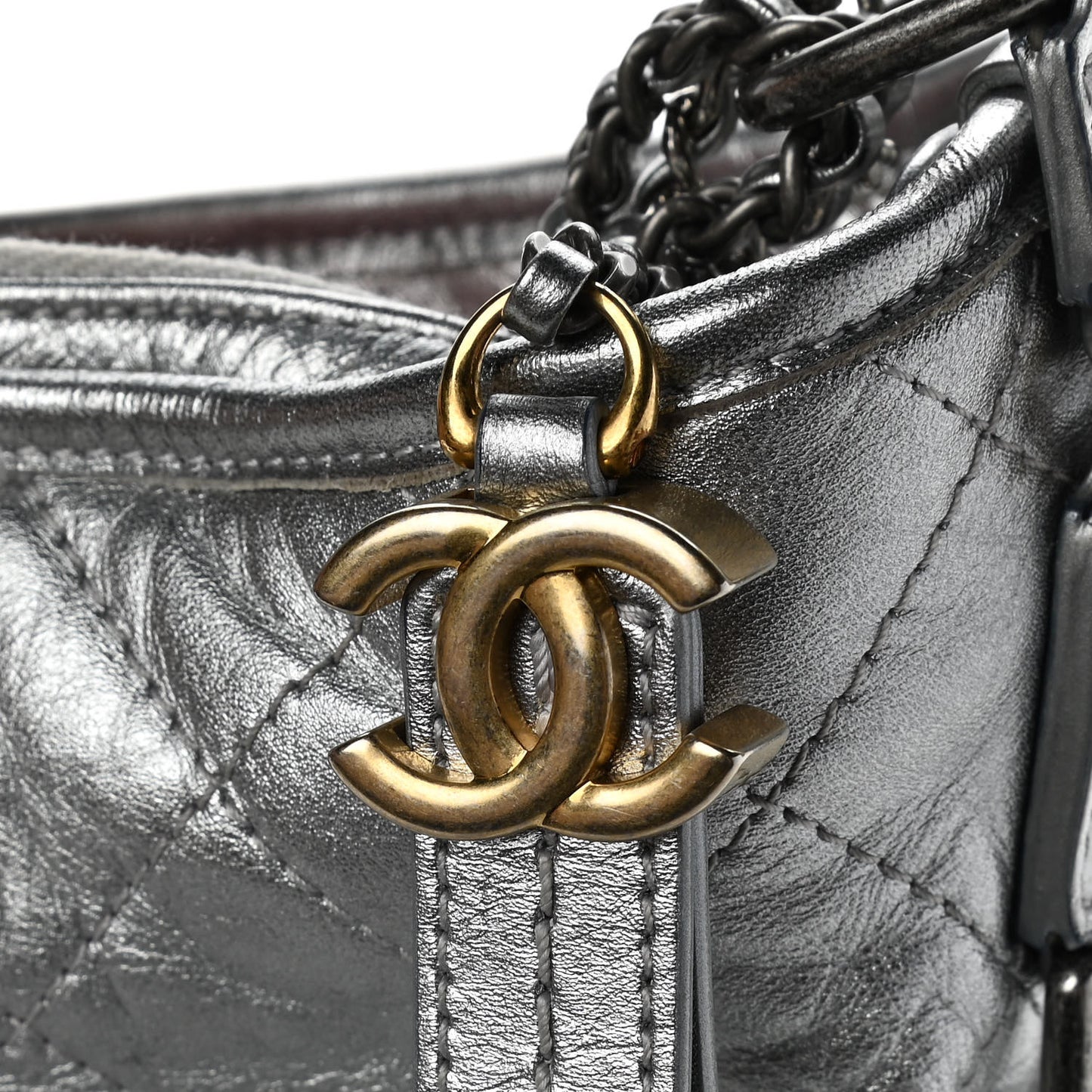 Metallic Aged Calfskin Quilted Medium Gabrielle Silver