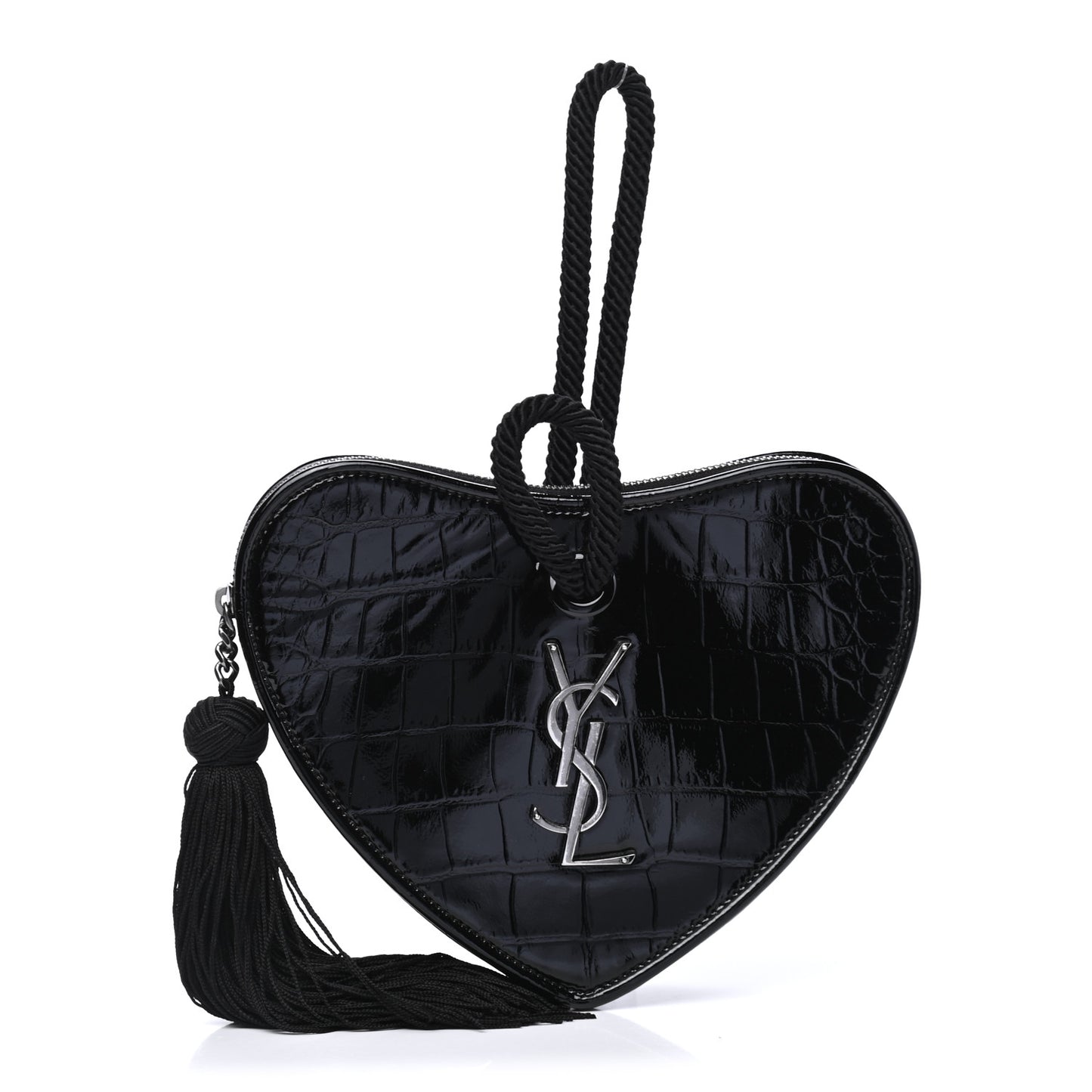 Patent Crocodile Embossed Sac Coeur Heart Shaped Clutch Black