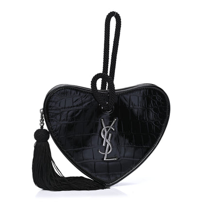 Saint Laurent Patent Crocodile Embossed Sac Coeur Heart Shaped Clutch Black 1 of 5