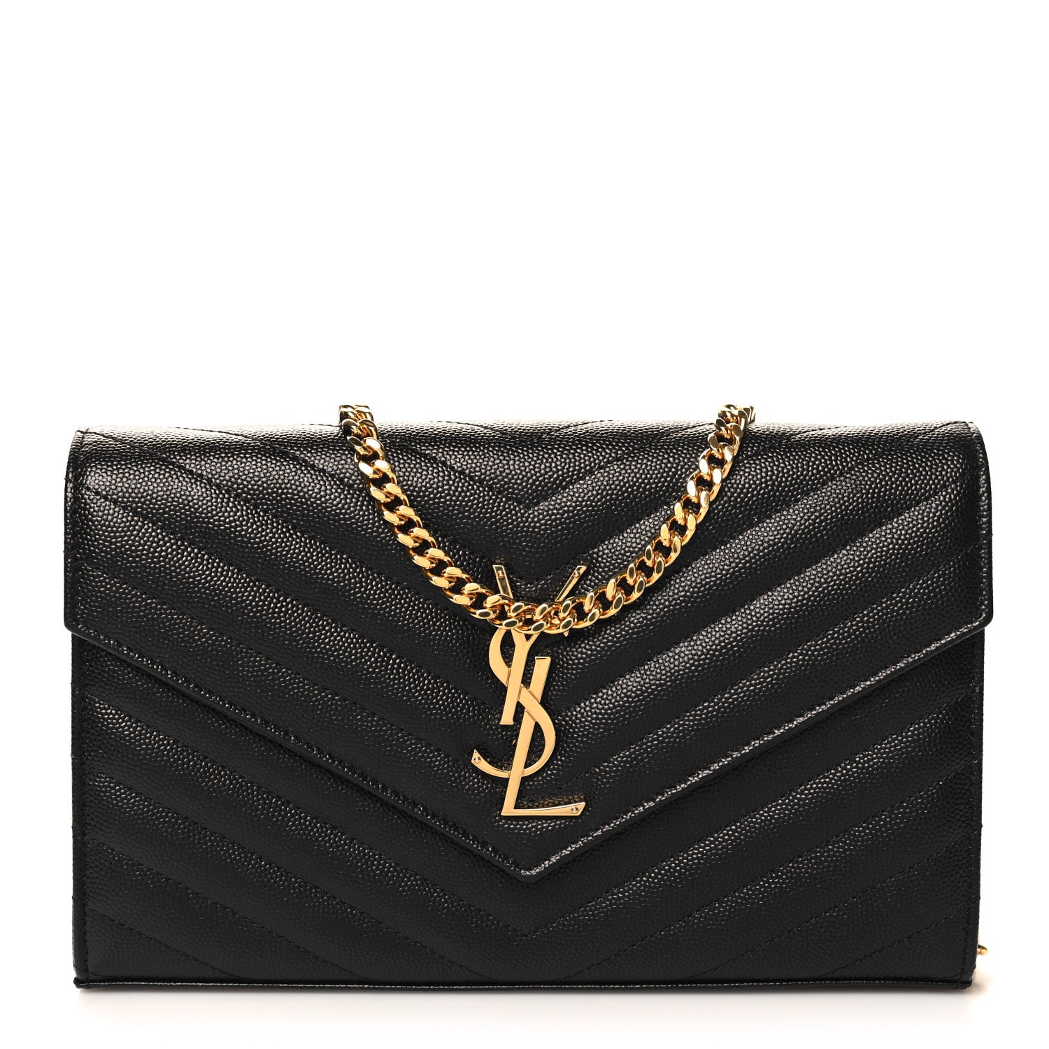 Saint Laurent Grain De Poudre Matelasse Chevron Monogram Chain Wallet Black 1 of 13