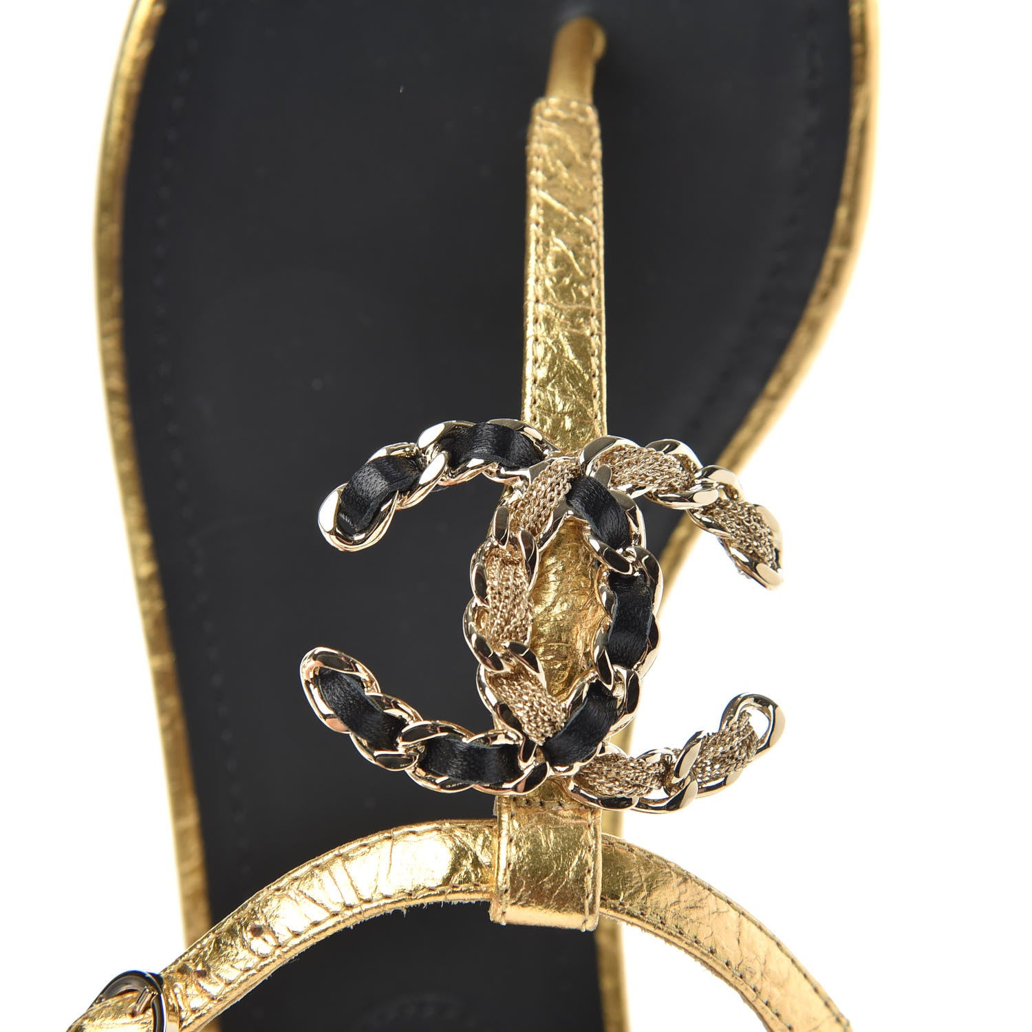 Chanel Aged Metallic Calfskin CC Chain Thong Sandals 37.5 Gold 8 of 9
