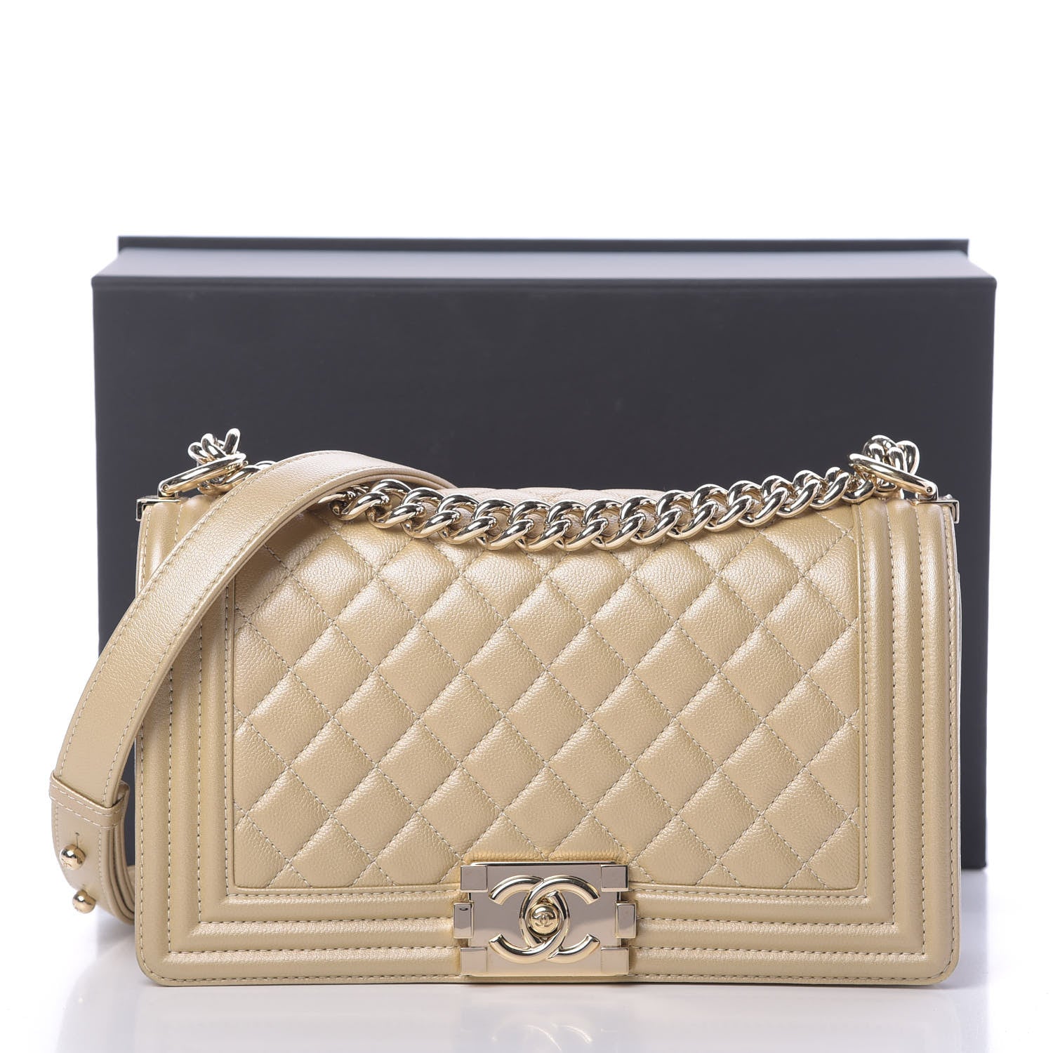 Chanel Pearly Caviar Quilted Medium Boy Flap Light Gold 14 of 14