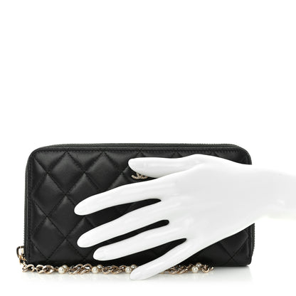 Chanel Lambskin Zip Around Large Gusset Wallet With Pearl Chain Black 2 of 12