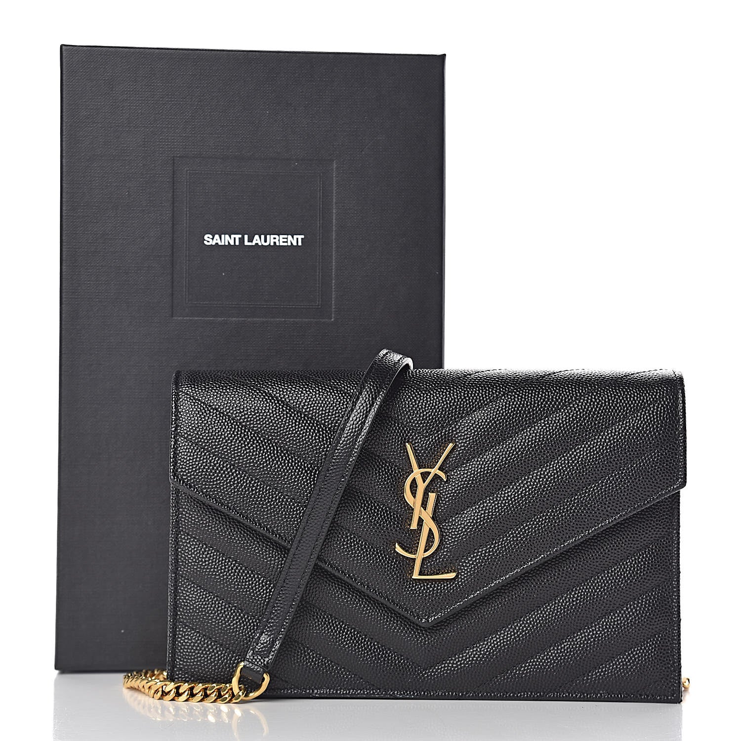 Saint Laurent Grain De Poudre Matelasse Chevron Monogram Envelope Chain Wallet Black 13 of 13