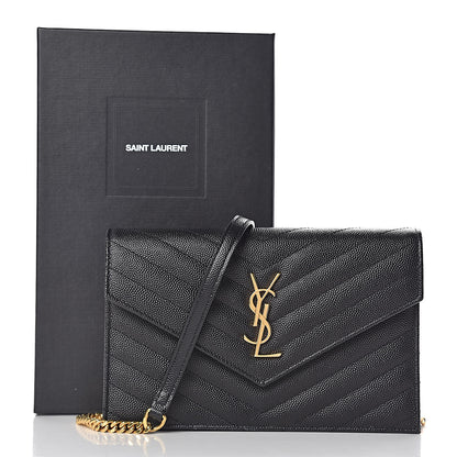 Saint Laurent Grain De Poudre Matelasse Chevron Monogram Envelope Chain Wallet Black 13 of 13