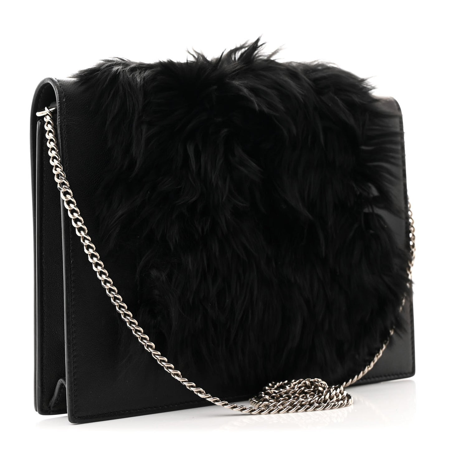 Smooth Lambskin Fur Frame Evening Chain Clutch Black