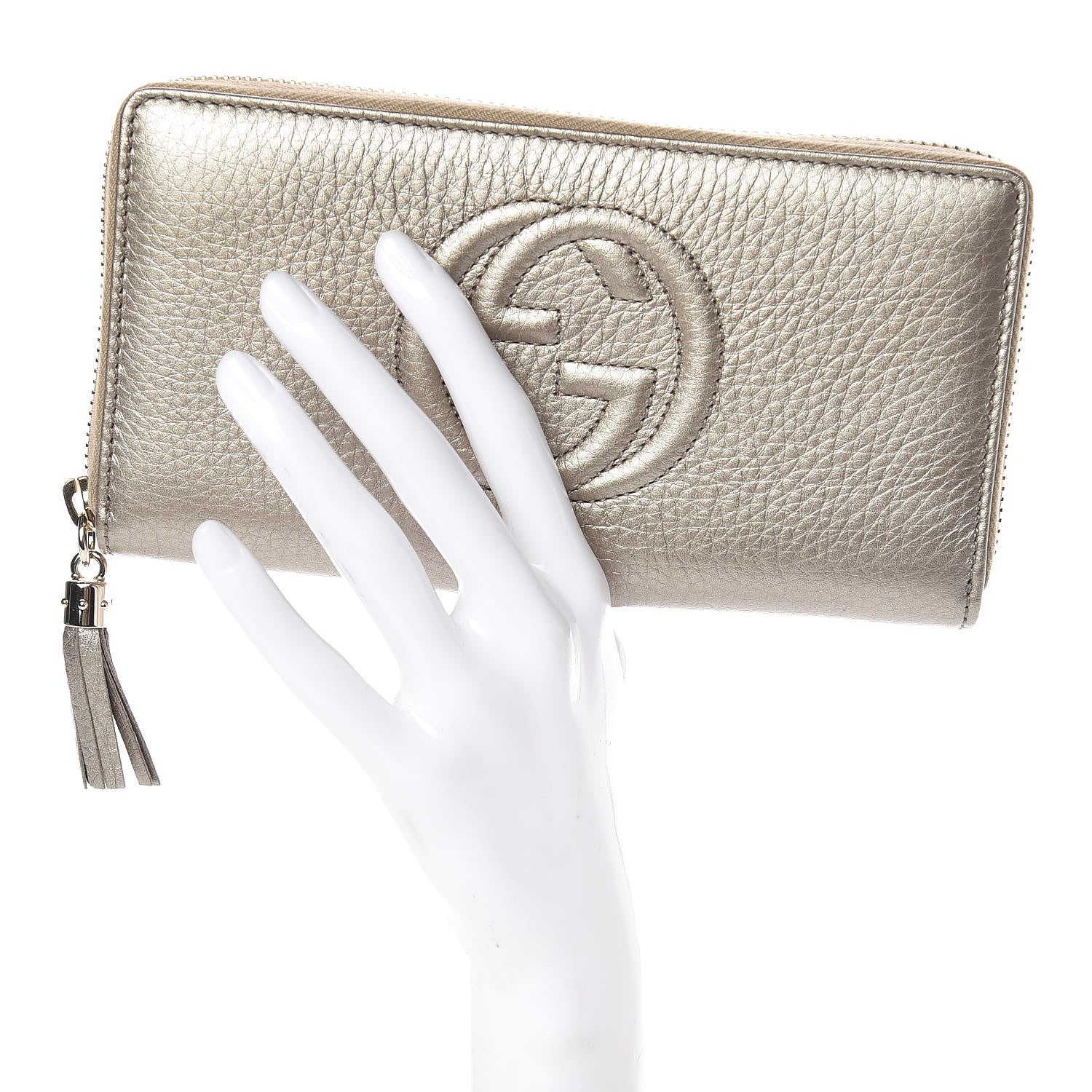 Gucci Metallic Pebbled Calfskin Soho Zip Around Wallet Golden Beige 2 of 8