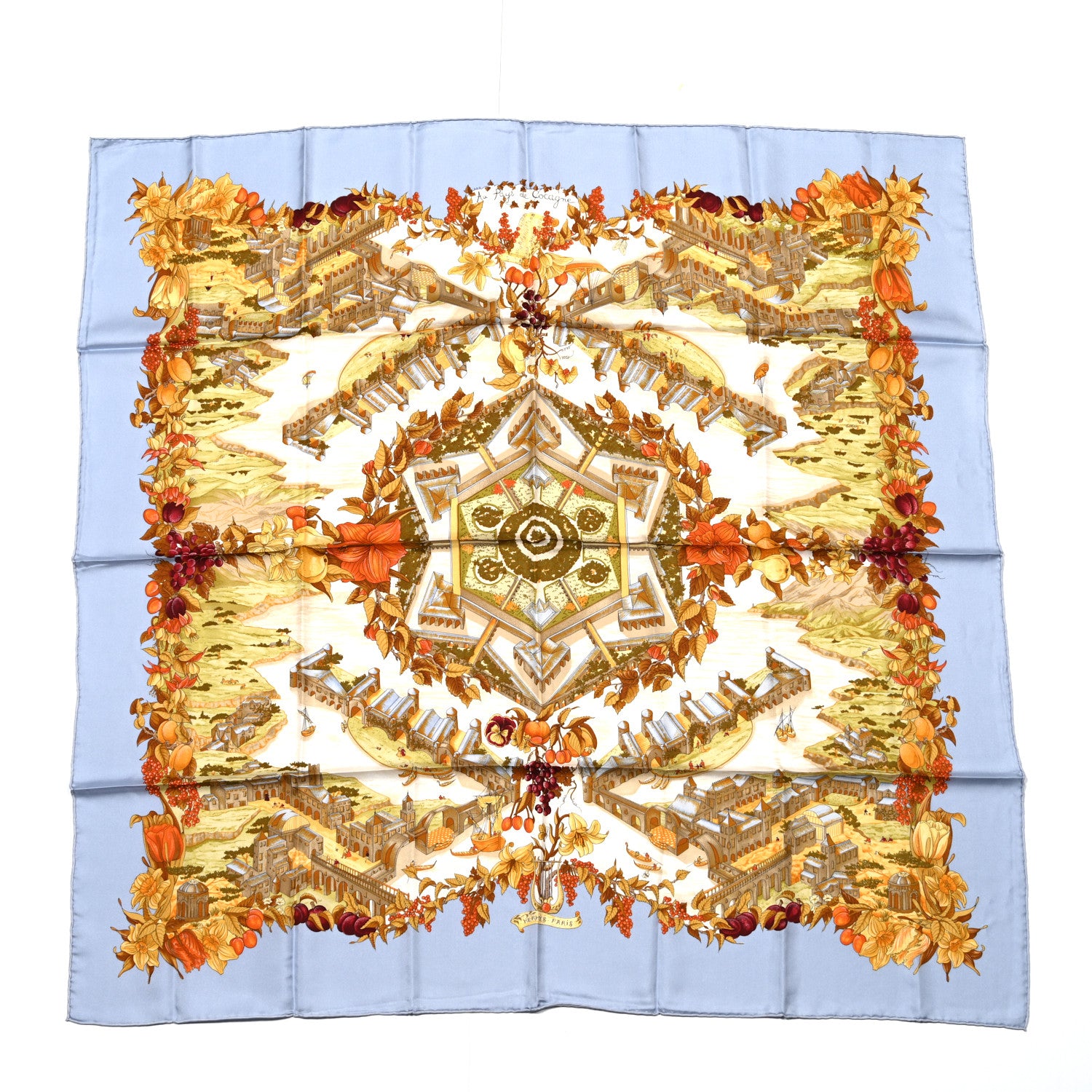 Hermes Silk Au Pays de Cocagne Scarf 90 Ciel White Ocre Orange 1 of 5