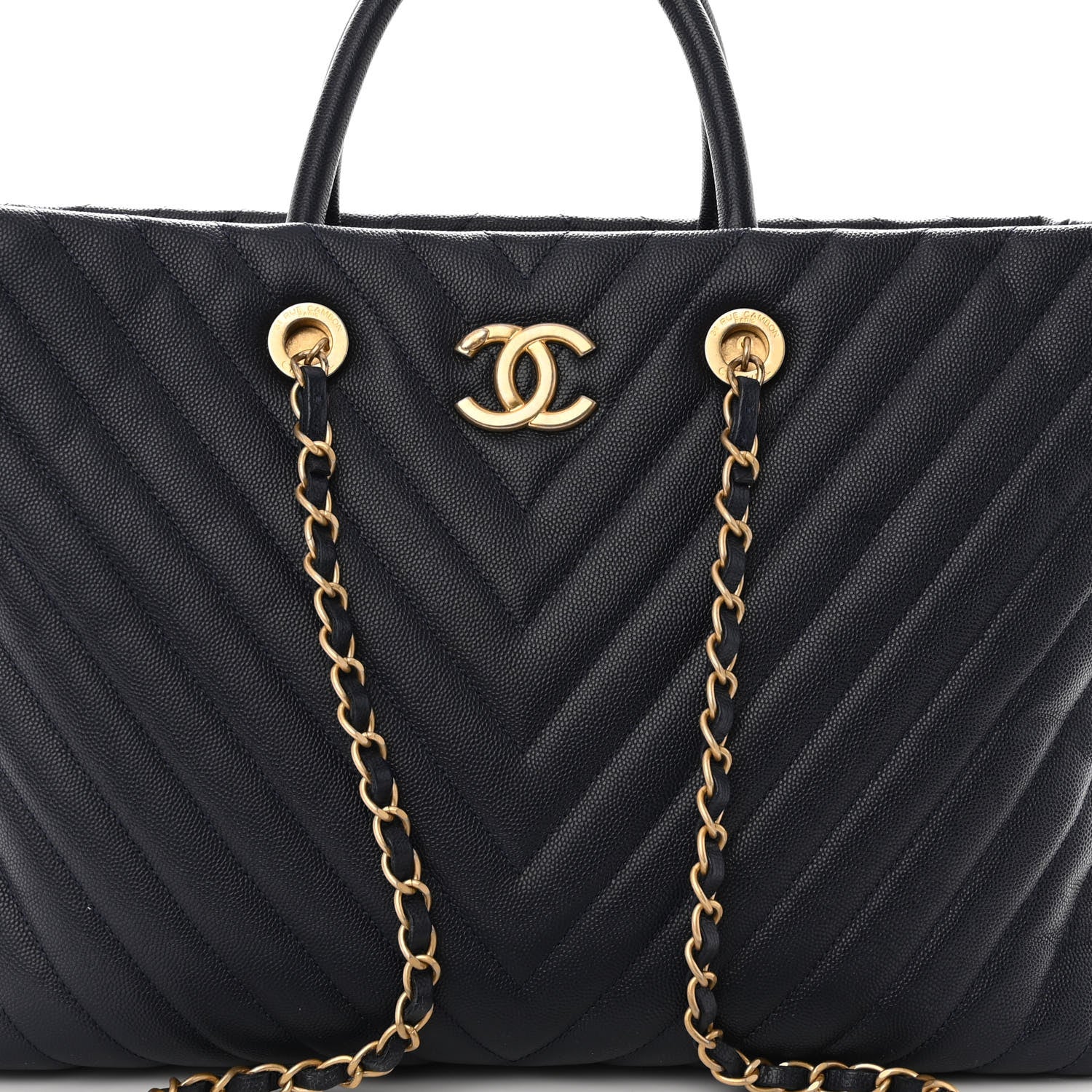 Chanel Caviar Chevron Quilted Coco Handle Shopping Tote Blue 9 of 11