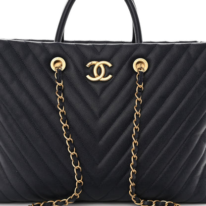 Chanel Caviar Chevron Quilted Coco Handle Shopping Tote Blue 9 of 11