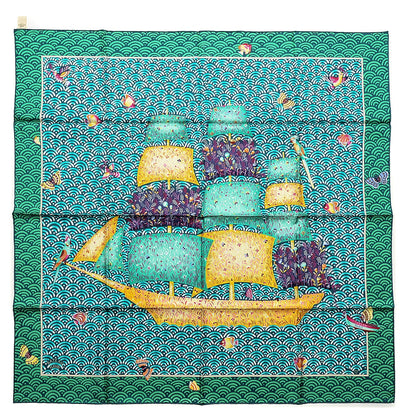Hermes Silk Bateau Fleuri Scarf 90 Vert Canard Jaune 1 of 10