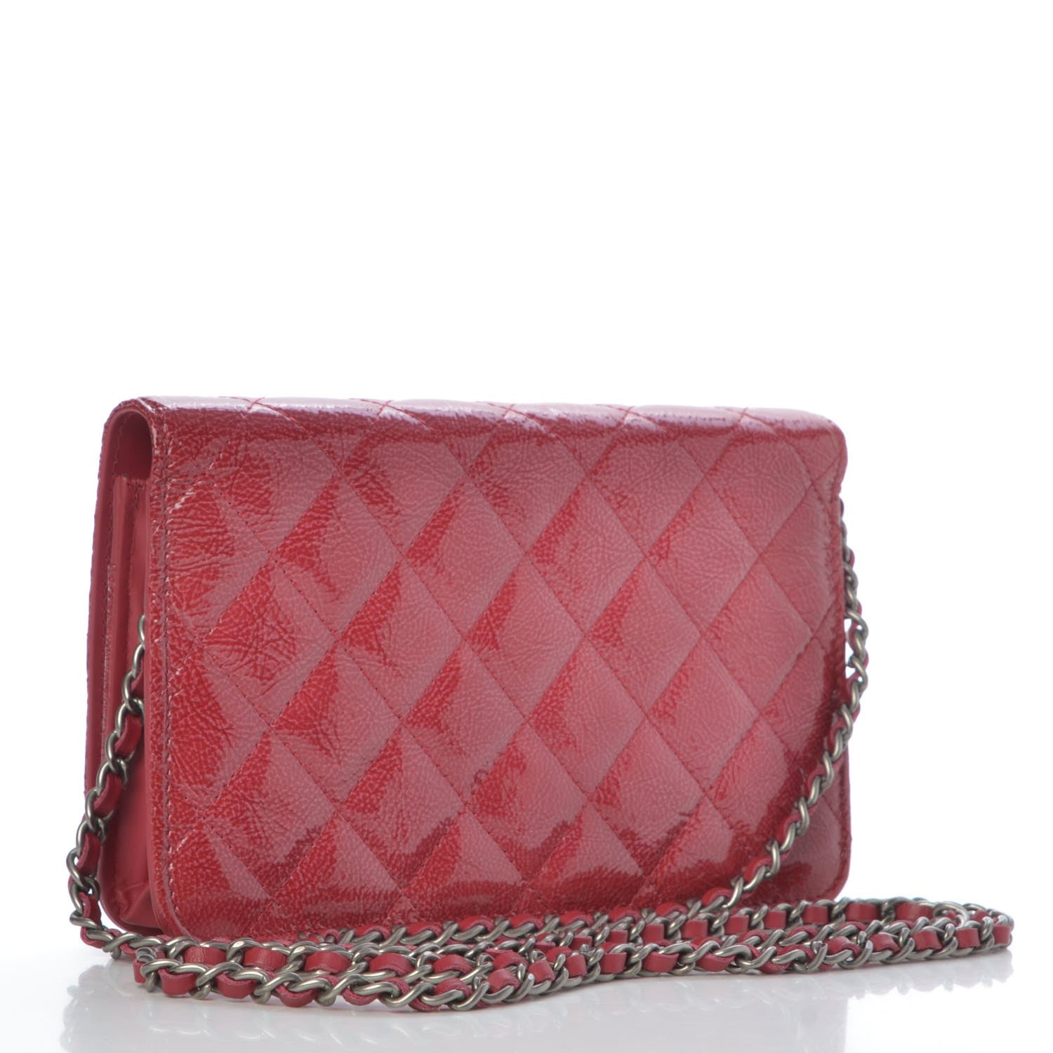 Chanel Distressed Patent Quilted Wallet On Chain WOC Dark Pink 3 of 9