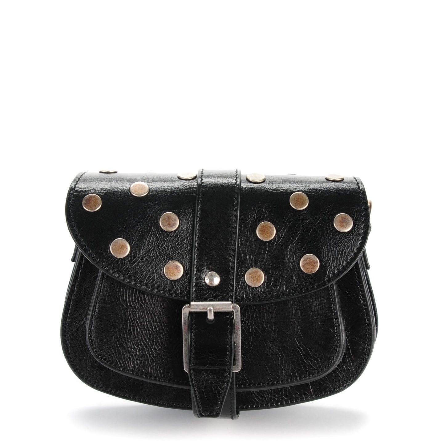 Glazed Calfskin Mini Curved Studded Saddle Bag Black